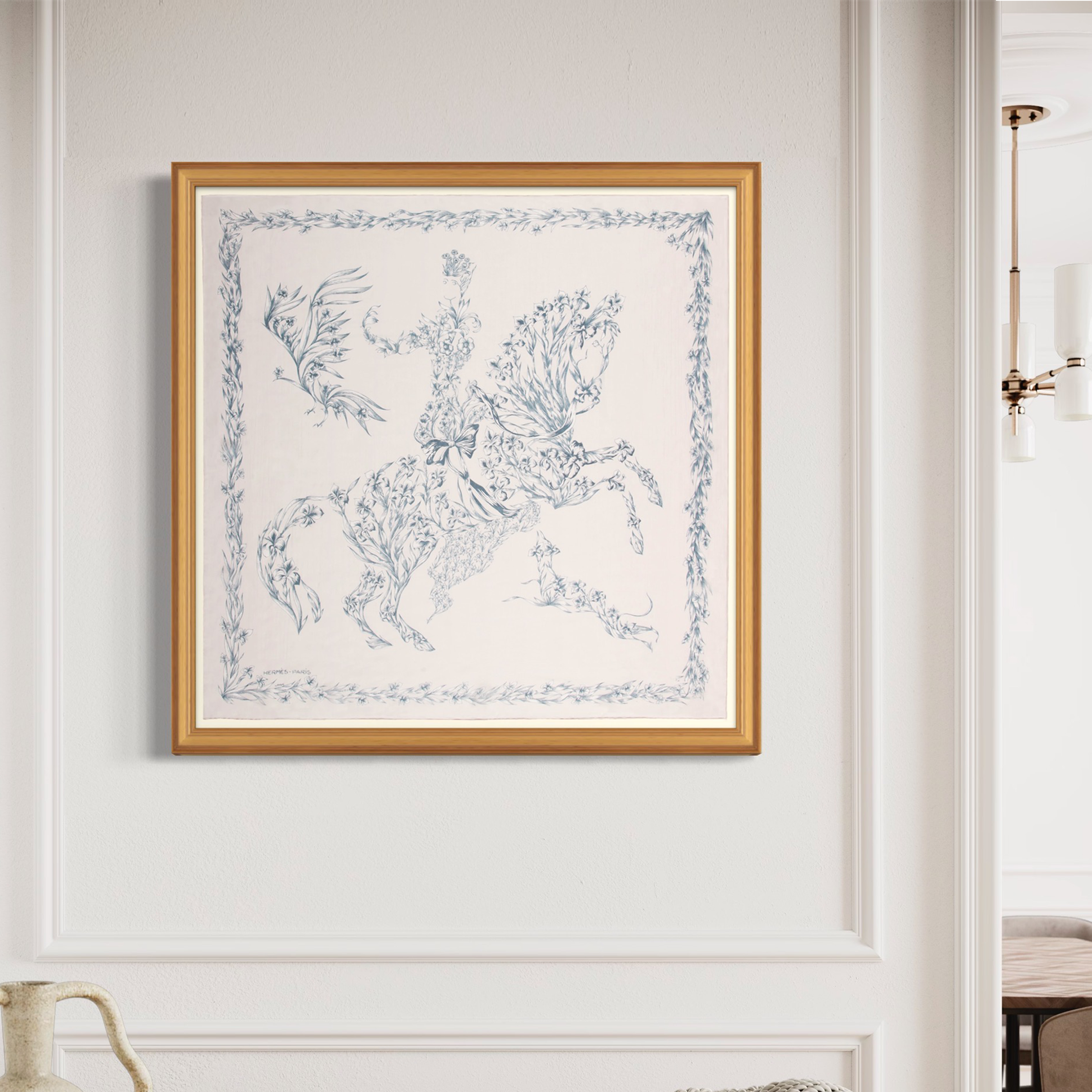 水彩画　France Paris chevel 平和の馬 Hermès Cheval Fleuri Framed Scarf | Maison George