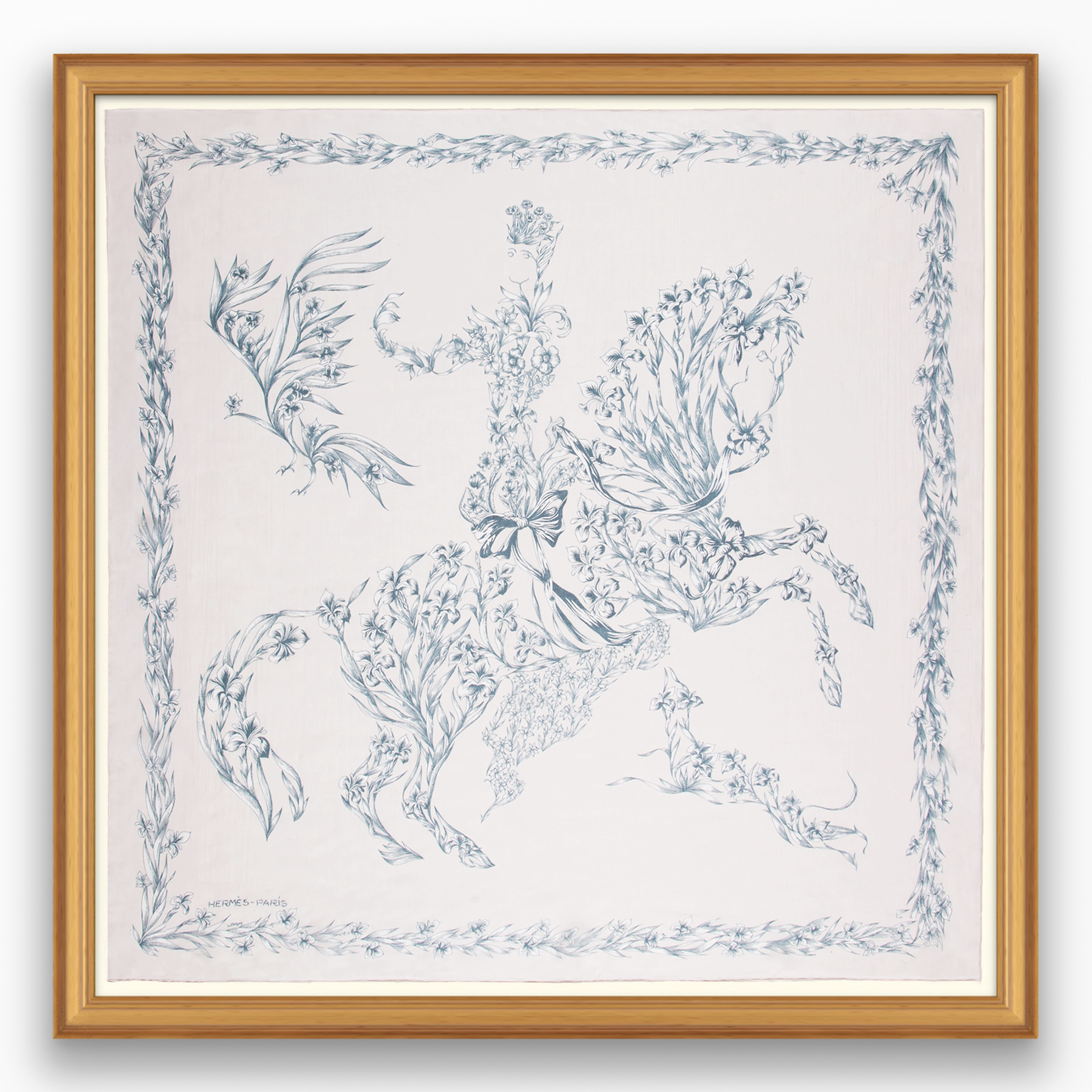 水彩画　France Paris chevel 平和の馬 Hermès Cheval Fleuri Framed Scarf | Maison George